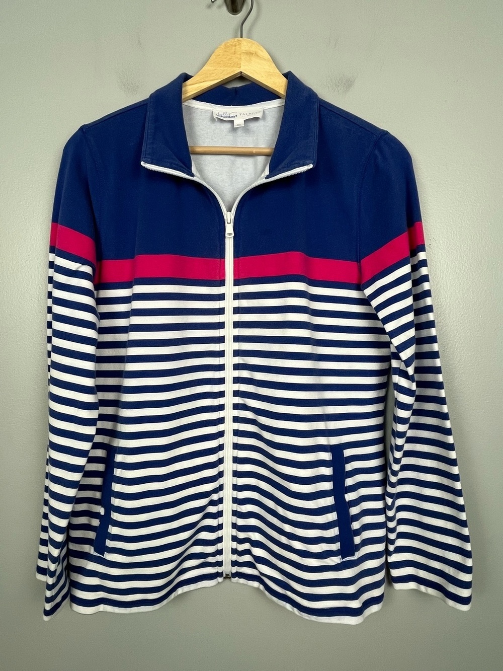 Talbots Hello Saturday blue pink stripe full zip cotton blend jacket, MP.